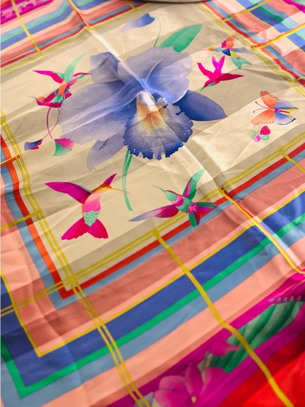 Leonard Paris 100% Silk Orchid Hummingbird Scarf 34x34